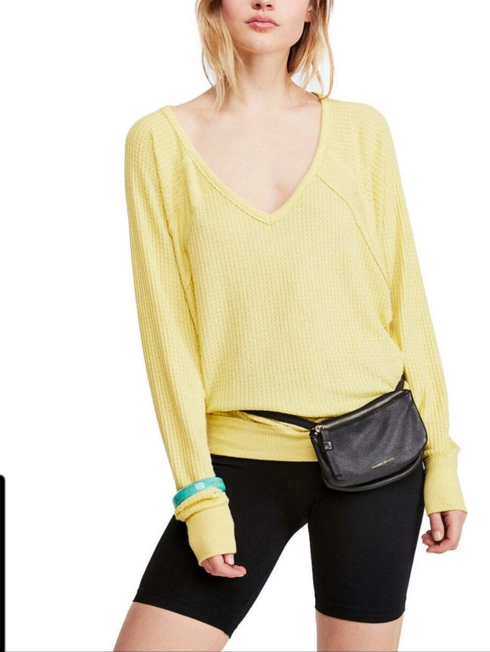 Free People / We The Free "Santa Clara" Yellow Thermal Waffle-knit Top Size XS